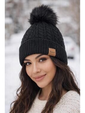 Alepo Black Knit Beanie Hat w Faux Fur Pom Pom